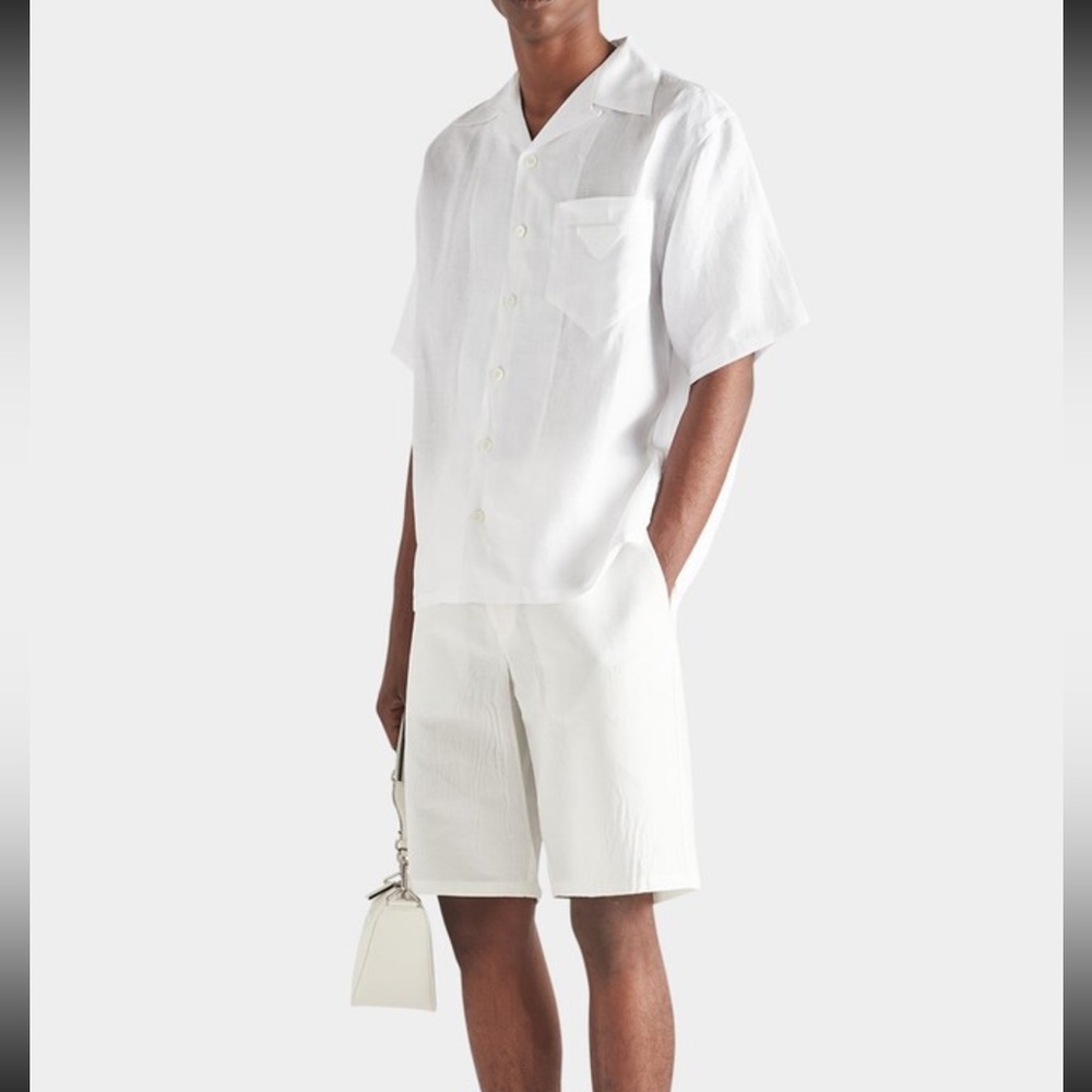 prada men linen bermuda elasticized waistband shorts - Picture 2 of 7
